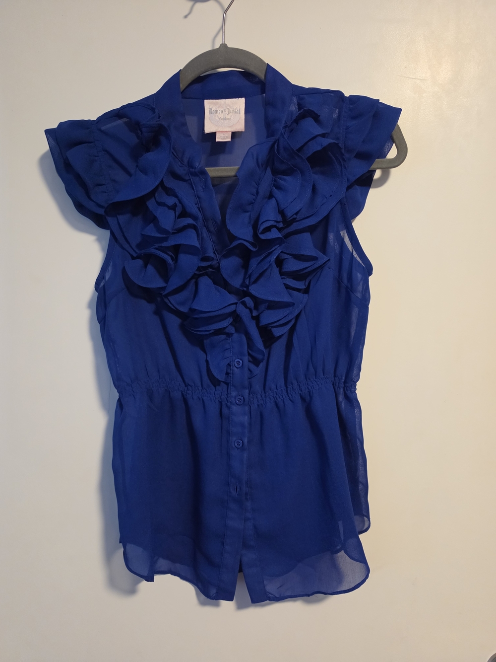 Romeo & Juliette Couture - Sheer Royal Blue Ruffled Sleeveless Blouse SIZE M